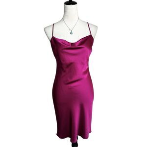Express Hot Pink Satin Cowl Neck Mini Slip Dress Small | Y2K Dopamine Clubwear